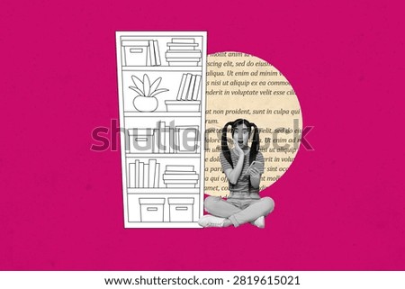 Image 3d poster artwork collage of happy girl guy stand doodle bookshelf interior bookworm library furniture plant book reader.