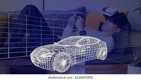 Image of 3d technical drawing of a car in white, with moving grid and a young man using game controller and VR headset in the background 4k - Powered by Shutterstock