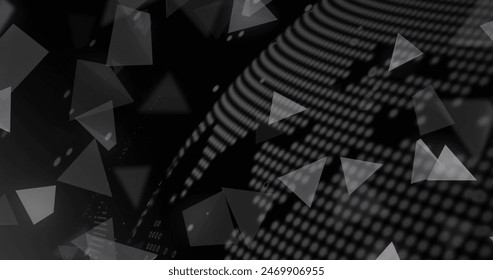 Image of 3d triangles over rotating globe against black background. Digitally generated, hologram, illustration, shape, abstract, three dimensional and globalization concept.