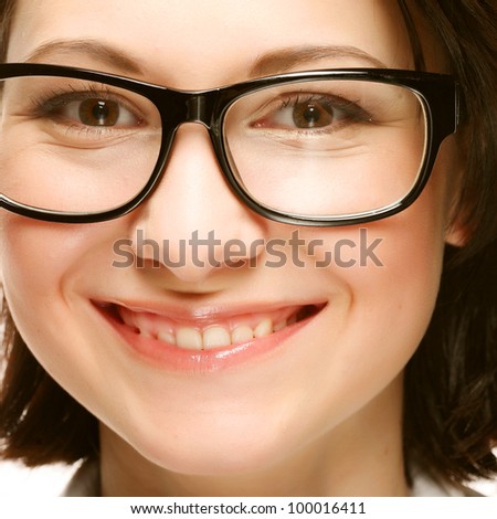 business woman portrait smiling wearing glasses isolated over a white background