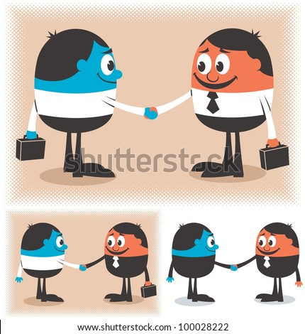 Deal: Two cartoon characters handshaking. Below are 2 additional versions of the illustration. No transparency and gradients used.