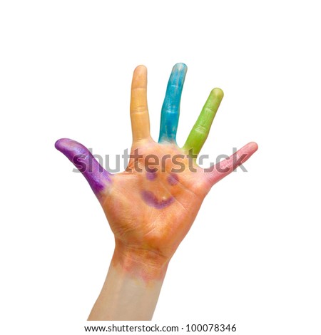 Colored hand with smile painted in colorful paints as logo. Isolated on white background with clipping path