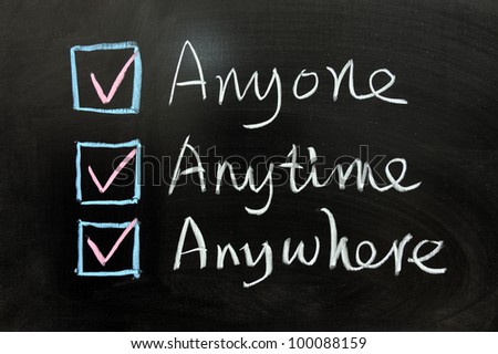 Check box of Anyone, Anytime and Anywhere on chalkboard