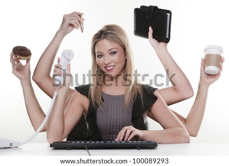 woman with six arms multitasking her work and daily life Royalty-Free Stock Photo #100089293