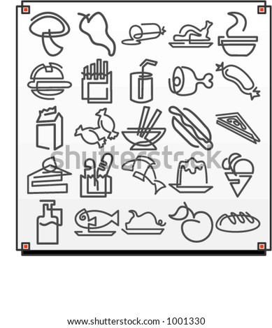 A set of 25 vector icons of food objects, where each icon is drawn with a single meandering line.