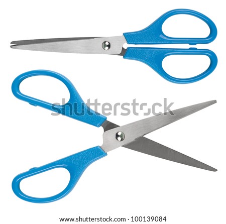 Blue scissors. Object is isolated on white background without shadows. Royalty-Free Stock Photo #100139084