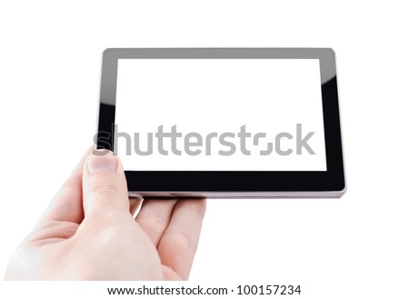 Modern tablet device in hand over white background