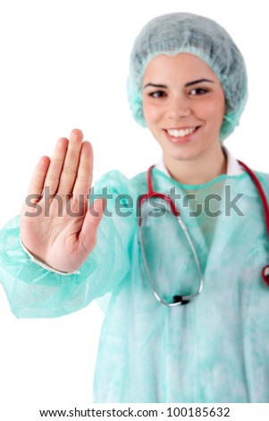 Young nurse making stop sign
