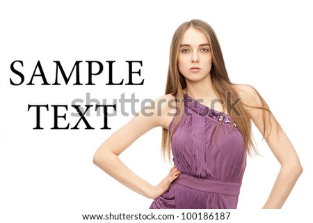 Caucasian woman isolated on white background looking into the camera in light purple dress.