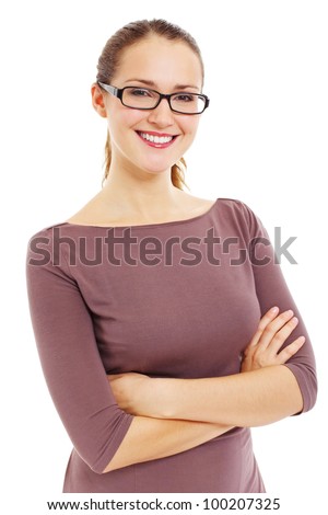 Pretty smiling young woman in black glasses with crossed arms on her chest. Isolated on white background, mask included