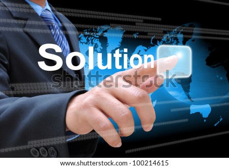 businessman hand pushing solution button on a touch screen interface Royalty-Free Stock Photo #100214615