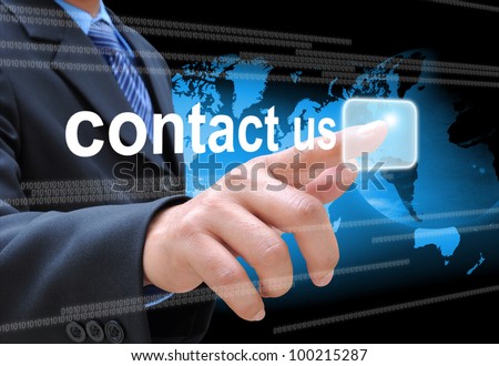 businessman hand pushing contact us button on a touch screen interface Royalty-Free Stock Photo #100215287