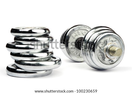An image of silver dumbbells on white background