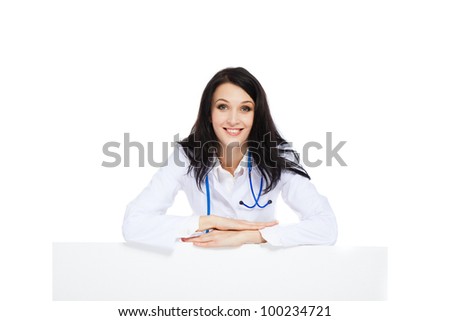 medical doctor woman smile with stethoscope hold blank card board, concept of advertisement product, empty copy space. Isolated over white background