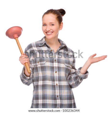 Full isolated studio picture from a young woman with plunger