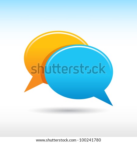 Satin blank yellow and blue speech bubbles web internet icon with gray shadow on white background.