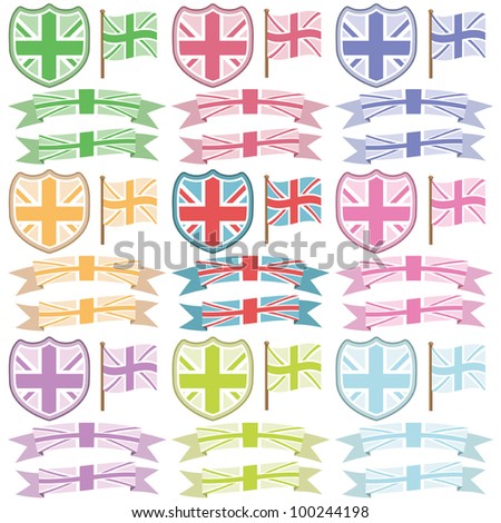 united kingdom shields, flags and ribbons with union jack variations, isolated on white