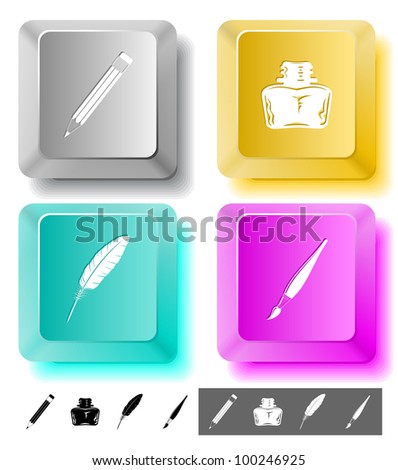 Education icon set. Brush, inkstand, feather, pencil. Computer keys. Vector illustration.