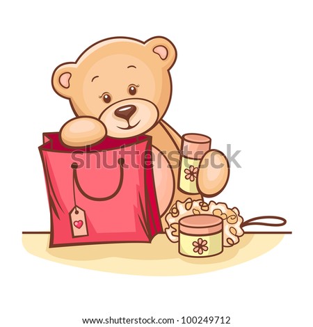 Illustration of cute Teddy Bear with gifts.