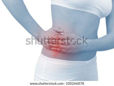 Acute pain in a woman abdomen. Female holding hand to spot of Abdomen-ache. Concept photo with Color Enhanced blue skin with read spot indicating location of the pain. Isolation on a white background