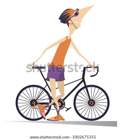 Cartoon smiling cyclist man in helmet stays holding a bike isolated illustration vector
