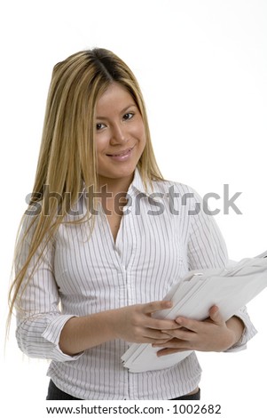 Young woman with papers and a smile