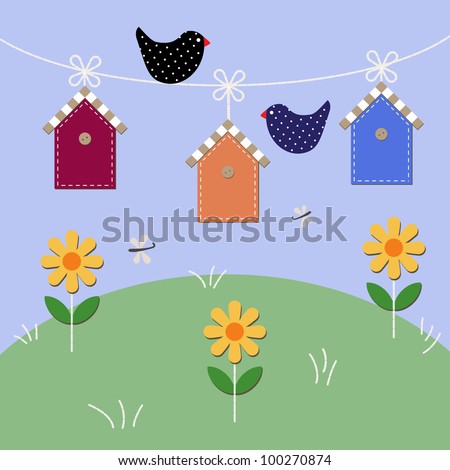 Starlings fly over houses. In a gallery also accessible variant with a birds over starling houses and March cats fly over starling houses. Easy to edit. Perfect for invitations or announcements.
