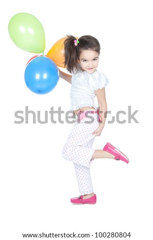 Picture of beautiful smiling little girl with colorful balloons over white