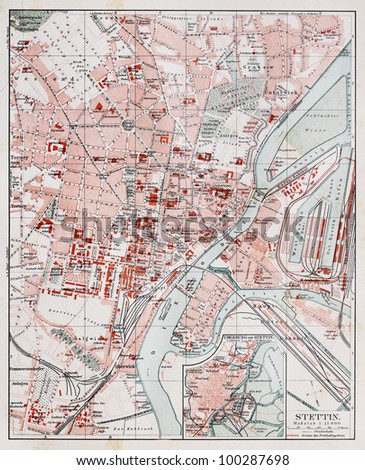 Vintage map of Szczecin at the end of 19th century - Picture from Meyers Lexicon books collection (written in German language) published in 1908, Germany.