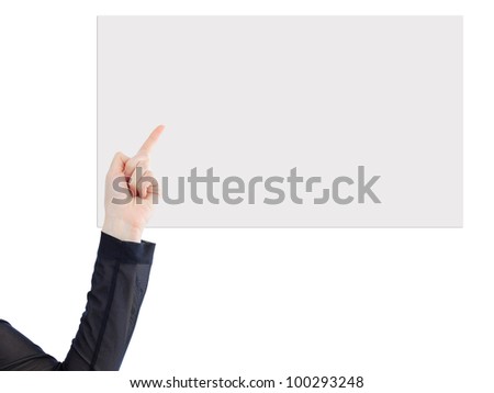 Beatiful business woman with a white banner. Isolated on a white background.