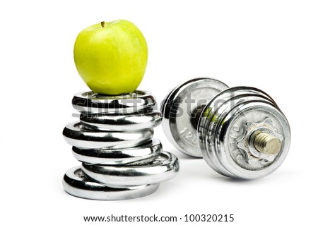 An image of silver dumbbells and an apple