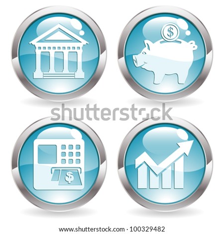 Set Buttons with Financial Business Icon - Bank, ATM, Piggy Bank and Graph Symbol, vector illustration