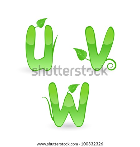 Vector green floral alphabet. Letters U, V, W.