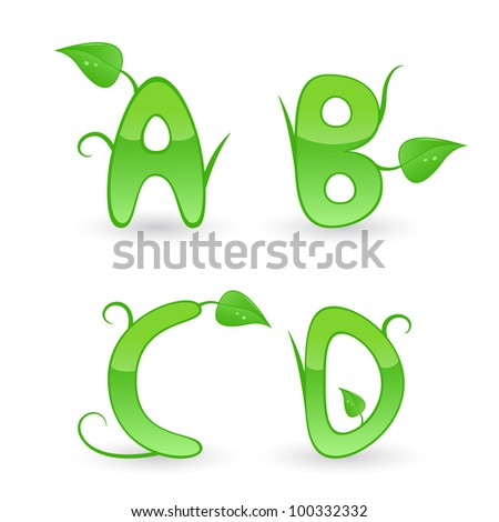 Vector green floral alphabet. Letters A, B, C, D.