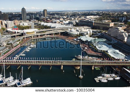 Aerial view of Pyrmont Bridge and boats in Darling Harbour, Sydney, Australia.