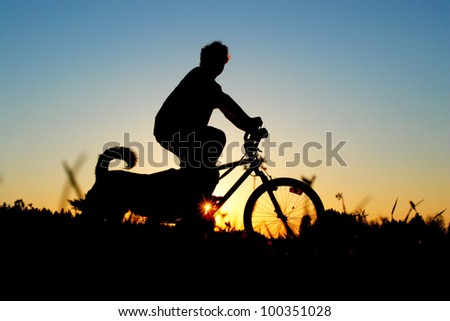 biker on a meadow at the sunset