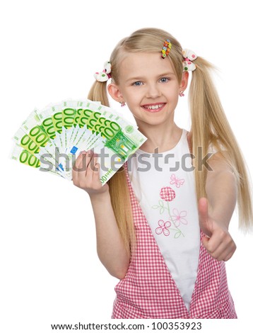 little girl with money euro.  isolated on white background