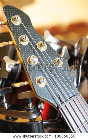 Guitar. A photo close up in musical studio. Selective focus