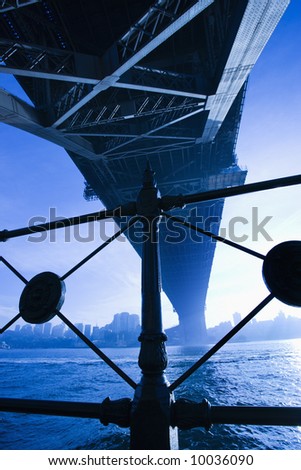 View from underneath Sydney Harbour Bridge in Australia at dusk with harbor and city skyline visible.