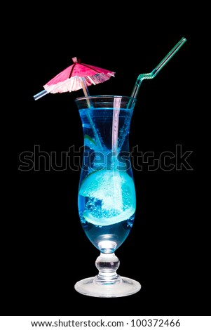 Blue Lagoon cocktail isolated on black background