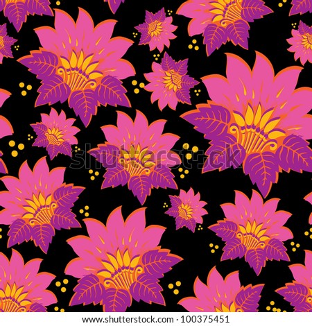 Colorful flowers and leafs on black background - seamless pattern