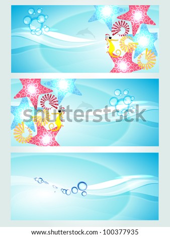 Set of Website header or banner with abstract water floral waves, water creatures and sun light having splash and glitter effects. Vector illustration in EPS 10. Save water concept