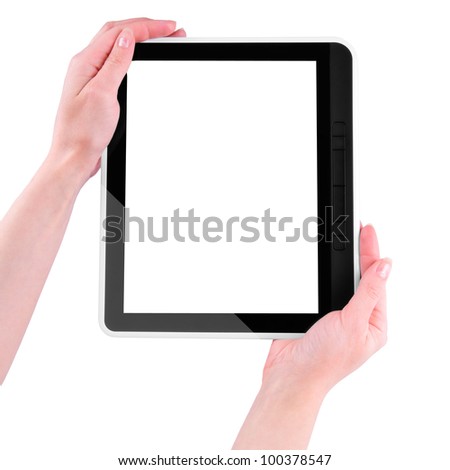 tablet PC with white screen in the hands  isolated on white background