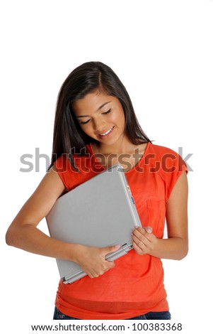 Teenage girl set against a white background