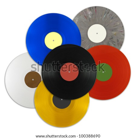 A lot of vinyl records in different colors isolated on white background (includes a clipping path)