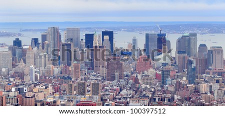New York City Manhattan downtown skyscrapers panorama aerial view.