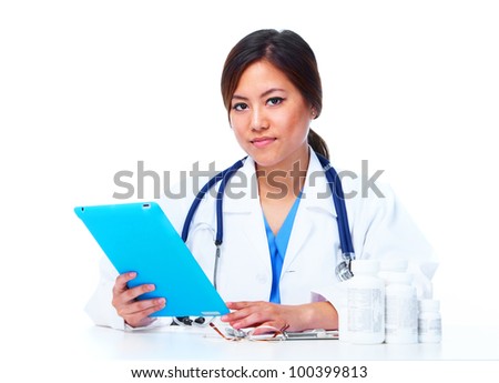 Chinese medical doctor woman with tablet computer. Isolated on white background.