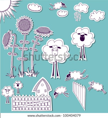 Doodle Country Set, hand drawn set of 3D scrapbook cutouts: sunflowers, clouds, sun, sheep, picket fence etc. Black and white