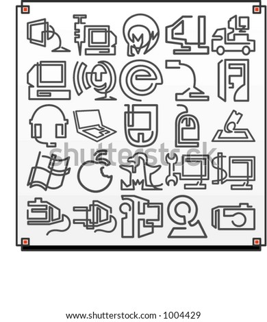 A set of 25 vector icons of computer technology objects, where each icon is drawn with a single meandering line.