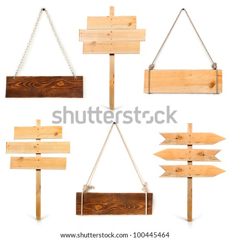 collection of blank wood sign boards with space for text isolated on white